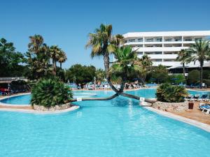 a large swimming pool with palm trees in a resort at Alfagar Aparthotel in Albufeira