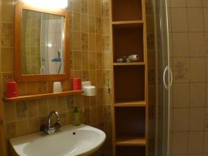 a bathroom with a sink and a shower with a mirror at Studio Samoëns, 1 pièce, 2 personnes - FR-1-629-77 in Samoëns