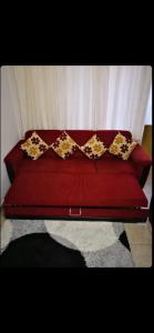 - un canapé rouge avec des oreillers en or dans l'établissement Blue House - Mavi Ev, à Fethiye