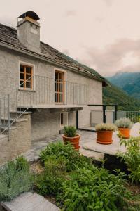 Casa con balcón y algunas plantas en Corippo Albergo Diffuso 