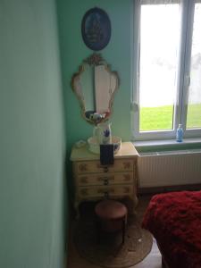 een slaapkamer met een dressoir en een spiegel aan de muur bij Sweet home vintage in Charleroi
