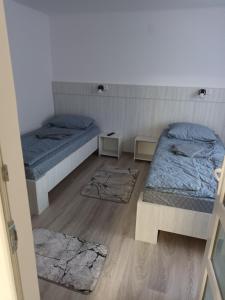 um quarto com duas camas e dois tapetes em apartament de lux em Lupeni