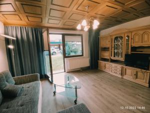 ein Wohnzimmer mit einem Sofa und einem Glastisch in der Unterkunft Angi's Apartment in Sankt Lorenzen ob Murau