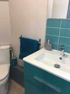 a bathroom with a sink and a toilet and a mirror at L'ancienne Forge - a stylish medieval holiday home in Confolens