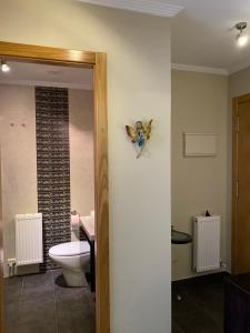 a bathroom with a toilet and a butterfly on the wall at GIRALDA 2 in Ponteareas