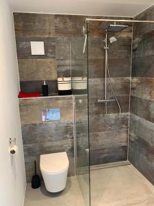 a bathroom with a toilet and a glass shower at Lovely 1-bedroom appartement Le Joyau with indoor pool and sauna in Lasne