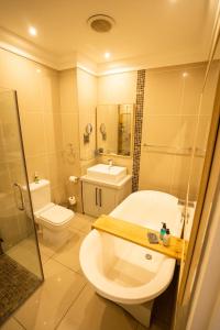 uma casa de banho com um lavatório, um WC e um chuveiro em Deja Blue Beachfront Villa, Newly renovated em Langstrand