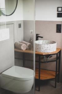 a bathroom with a white toilet and a sink at Wiesenglück Tiny House Hotel in Heilbad Heiligenstadt