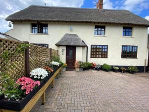 East BudleighにあるThe Studio with Hot Tub in East Budleigh in beautiful countrysideの花の前に広い白い家