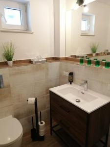a bathroom with a sink and a toilet at Landhotel "Zum ersten Siedler" in Brieselang