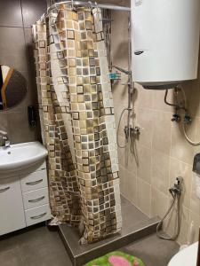 a shower with a shower curtain in a bathroom at Green Villa Resort Blue in Dilijan