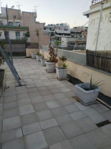 eine Reihe Topfpflanzen auf einer Terrasse in der Unterkunft Spacious private rooftop studio, mountain and sea view in Athen