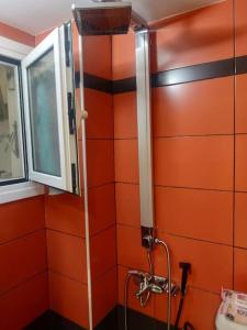 La salle de bains est pourvue d'une douche et d'un mur orange. dans l'établissement Spacious private rooftop studio, mountain and sea view, à Athènes
