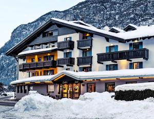 un hotel en las montañas cubierto de nieve en Hotel Nele, en Ziano di Fiemme