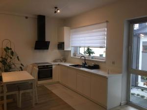 kuchnia z oknem, zlewem i kuchenką w obiekcie Apartament IGA w Białej Podlaskiej