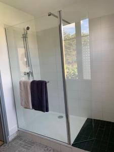 La salle de bains est pourvue d'une douche avec une porte en verre. dans l'établissement Au 154 Bis - Joli Appartement avec Grande Terrasse et proche de la plage à Malo, à Dunkerque