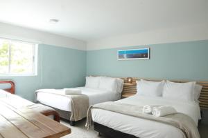 two beds in a room with blue walls at Hotel Bania travels in Guatapé