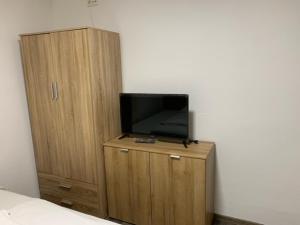 a tv sitting on top of a wooden cabinet at Diyo Apart Festspiel Bayreuth in Bayreuth