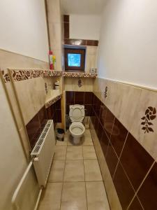 a small bathroom with a toilet and a window at Malebný Rodinný Dům v Přírodě, Sauna, BBQ in Třinec
