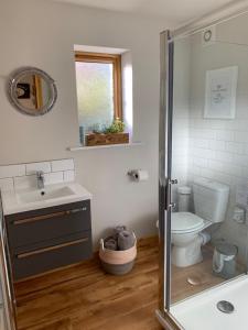 a bathroom with a toilet and a sink and a shower at The Piggery at the Cottage in Wool