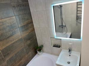 a bathroom with a sink and a shower at City apartment mini-spa in Tallinn