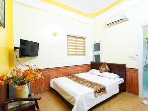 um quarto com uma cama e uma televisão num quarto em Lam Dat Hotel em Ninh Binh