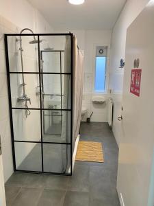 bagno con doccia in vetro e servizi igienici di Hostel B47 a Reykjavik