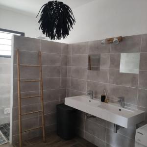 La salle de bains est pourvue d'un lavabo blanc et d'une étagère. dans l'établissement Les Villas RIO Saint André, à Saint-André