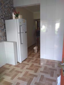 a dog standing in a kitchen with a refrigerator at Casa familiar in Angra dos Reis