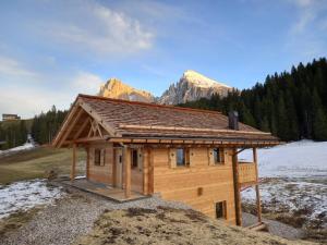 uma cabana de madeira com uma montanha ao fundo em Chalet Silvesterhütte em Seiser Alm