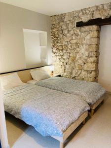 a bedroom with two beds and a stone wall at Le Jorjane in Choranche