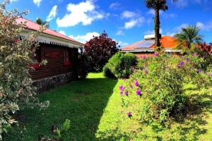 a garden with purple flowers and a house at LE DOMAINE DE LA VALLEE in Le Morne Rouge
