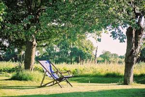 a chair sitting in the grass next to two trees at Dons Barn a Stunning cottage just a walk across the fields to a great pub 