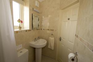 a bathroom with a sink and a toilet and a mirror at Meals Farm - Courtyard Room in North Somercotes