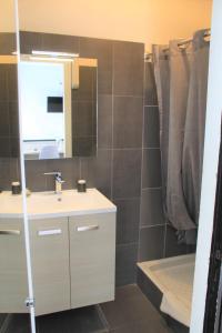 a bathroom with a sink and a mirror at Hôtel Pontet in Beynac-et-Cazenac