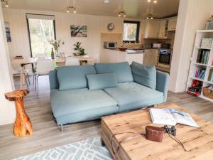 a living room with a blue couch and a table at Dragonfly Lodge in Bideford