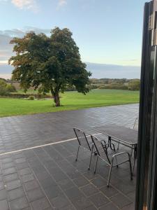 una mesa y sillas en un patio con un árbol en Ferienwohnung 3 am Herrenhaus Ahrensbök, en Ahrensbök