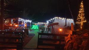 a building decorated with christmas lights at night at Cabana Moroșanca-Peștiș in Peştiş
