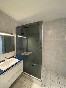 un bagno con doccia in vetro e lavandino di T3 de Standing aux trois ilets / Vue Mer a Les Trois-Îlets