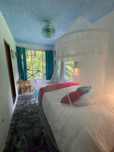 ein Schlafzimmer mit einem großen Bett mit weißem Baldachin in der Unterkunft Salvaje Rooms&Restaurant in Santa Bárbara de Samaná