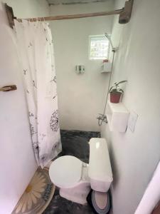 a bathroom with a toilet and a shower curtain at Salvaje Rooms&Restaurant in Santa Bárbara de Samaná