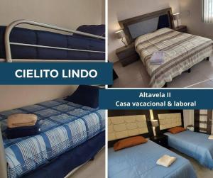 3 fotos de un dormitorio con 2 camas en una habitación en CIELITO LINDO casa de lujo con alberca 3 habitaciones, en Mezcales