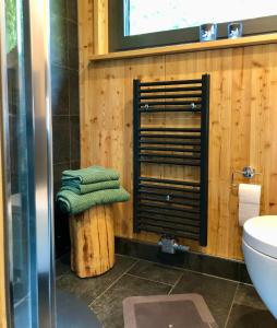 a bathroom with a toilet and a green towel at Baumwipfel-Resort "Lug ins Land" in Ilsenburg