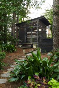 a black tiny house in the woods with trees at Eden Brae: Historic Southern Gothic Mansion in Birmingham