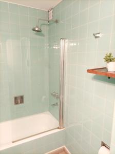 baño con ducha y puerta de cristal en Buenaventura Apartments Terrazas en Mendoza