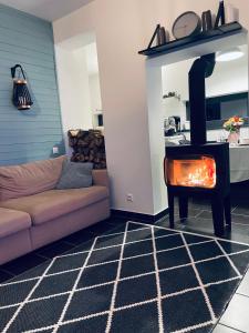salon z kanapą i piecem opalanym drewnem w obiekcie Pine-Wood Resort w mieście Balatonalmádi