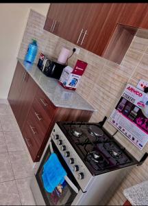 a kitchen with a stove and a counter top at Ruyer one bedroom in Kisumu