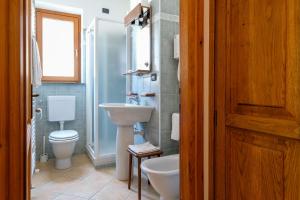 a bathroom with a sink and a toilet and a shower at Hotel Casalpina Don Barra in Pragelato