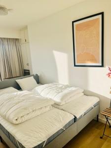 2 camas en un dormitorio con una foto en la pared en duinpark62: gezellig 3 slaapkamer-appartement inclusief garage, en Oostduinkerke