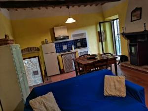 een woonkamer met een blauwe bank en een keuken bij La casa di Iara in Pitigliano